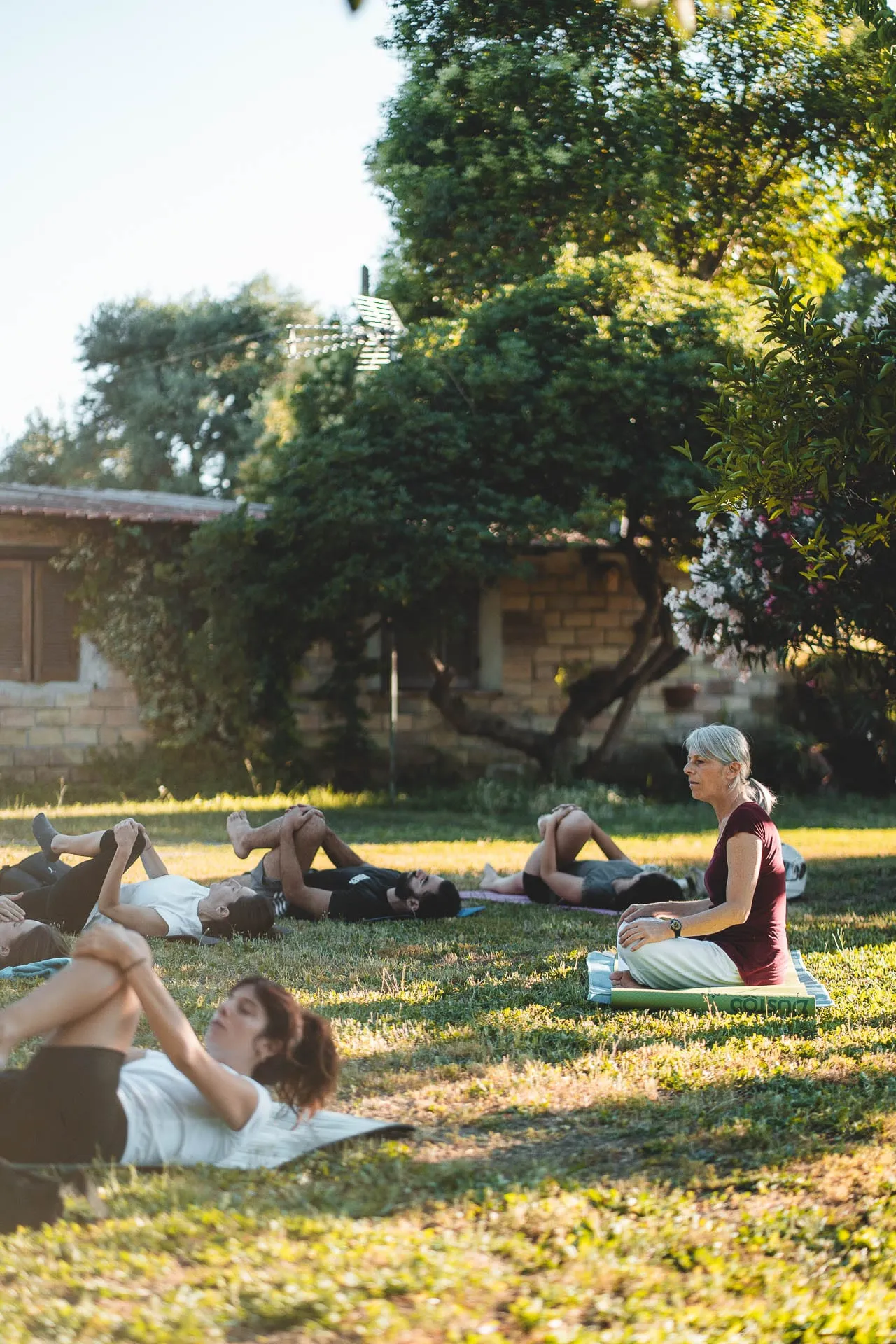 Una lezione di yoga sul prato, all'ombra degli alberi
