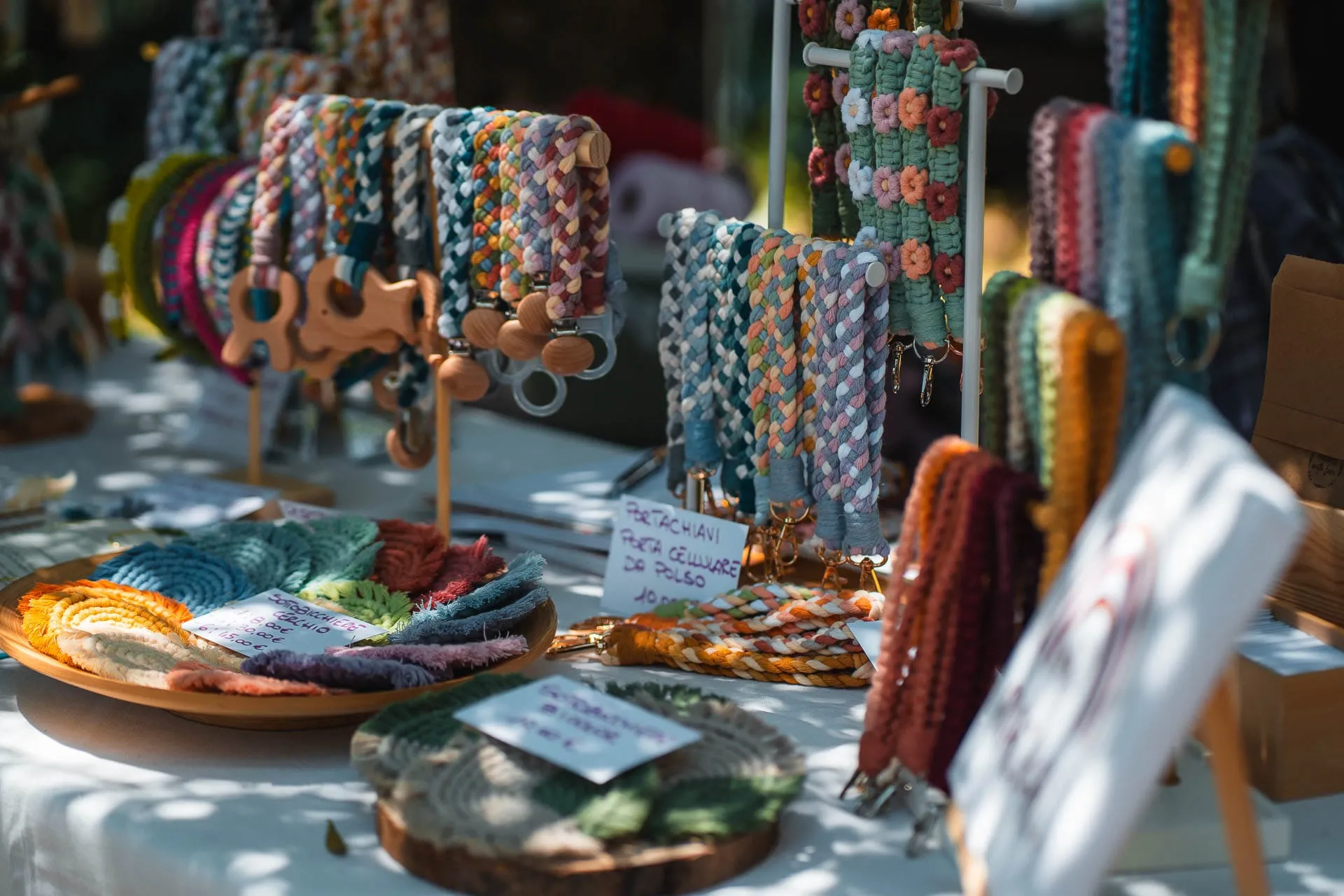 Woven bracelets and accessories on display