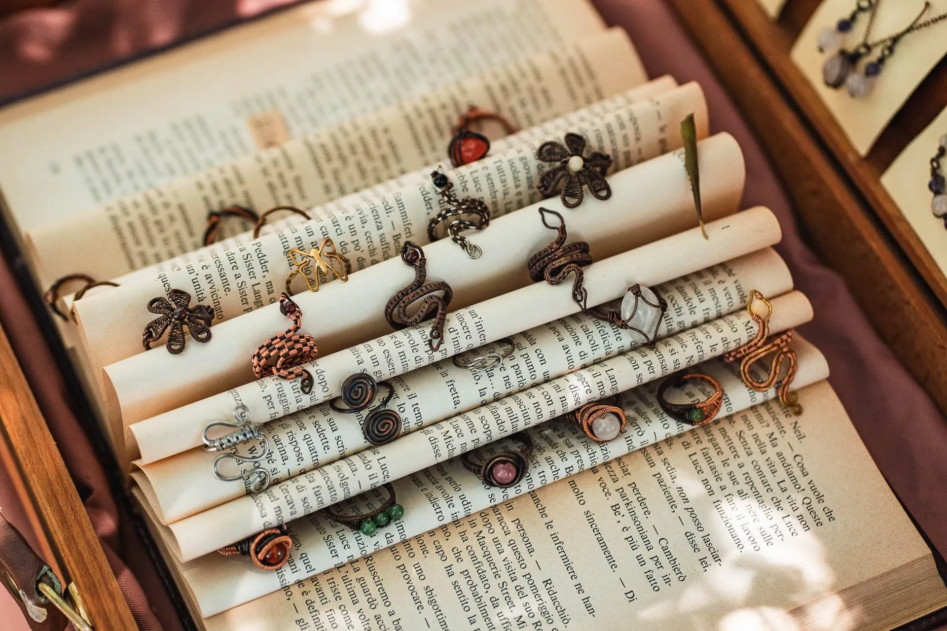 Wire rings displayed on the pages of an old book