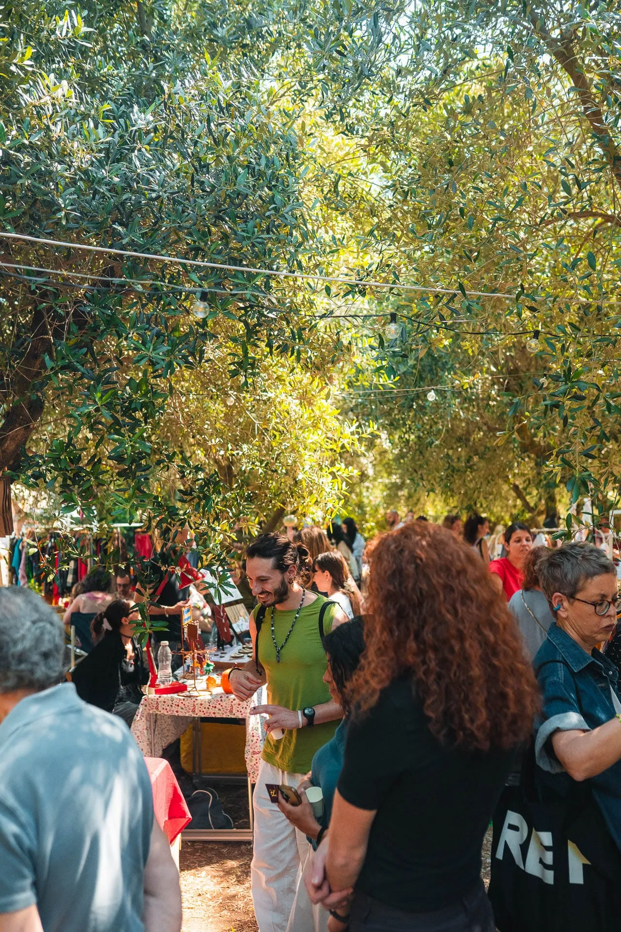 Visitors among the stalls, in the shade of the olive trees