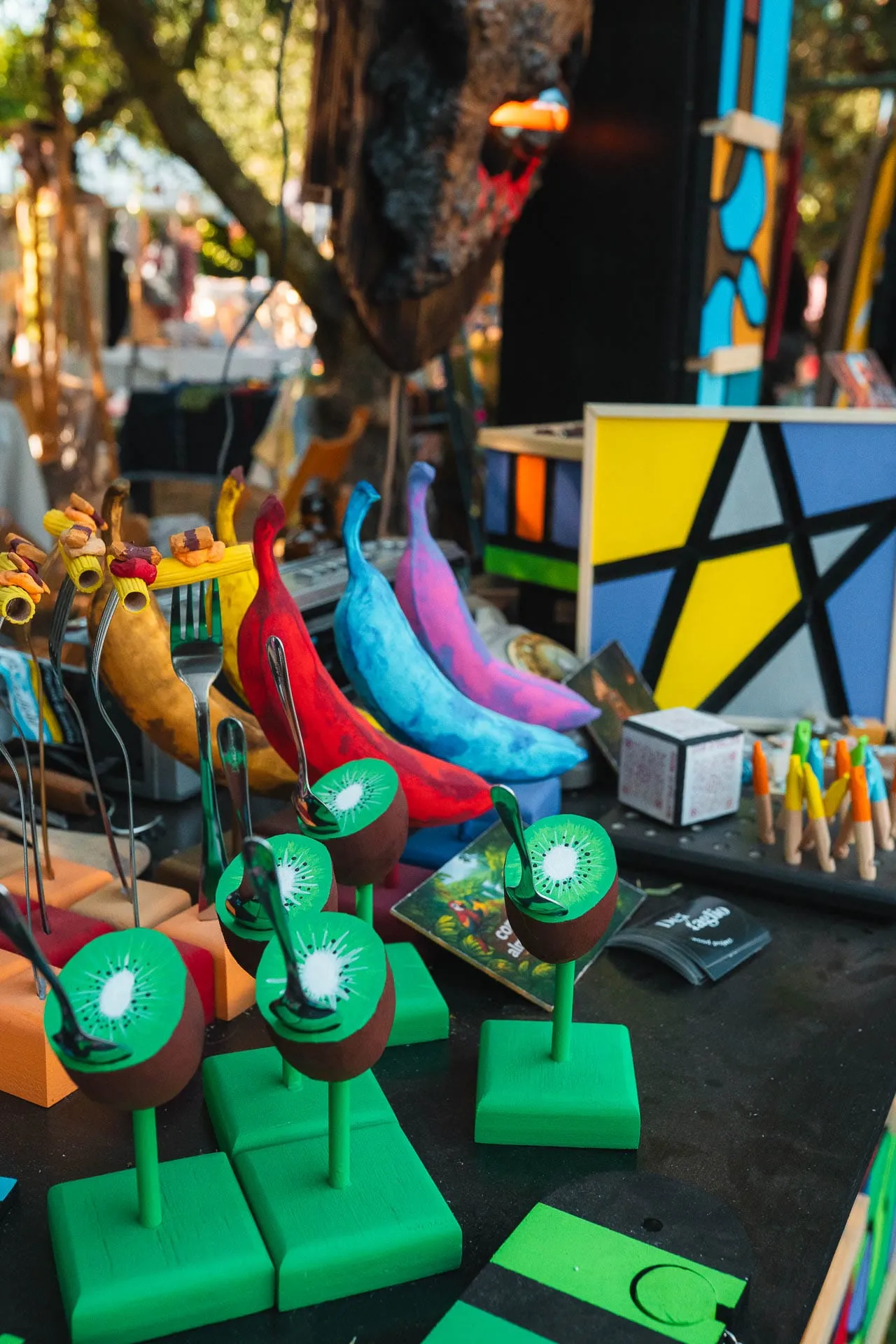 Colourful wooden design objects on a stall