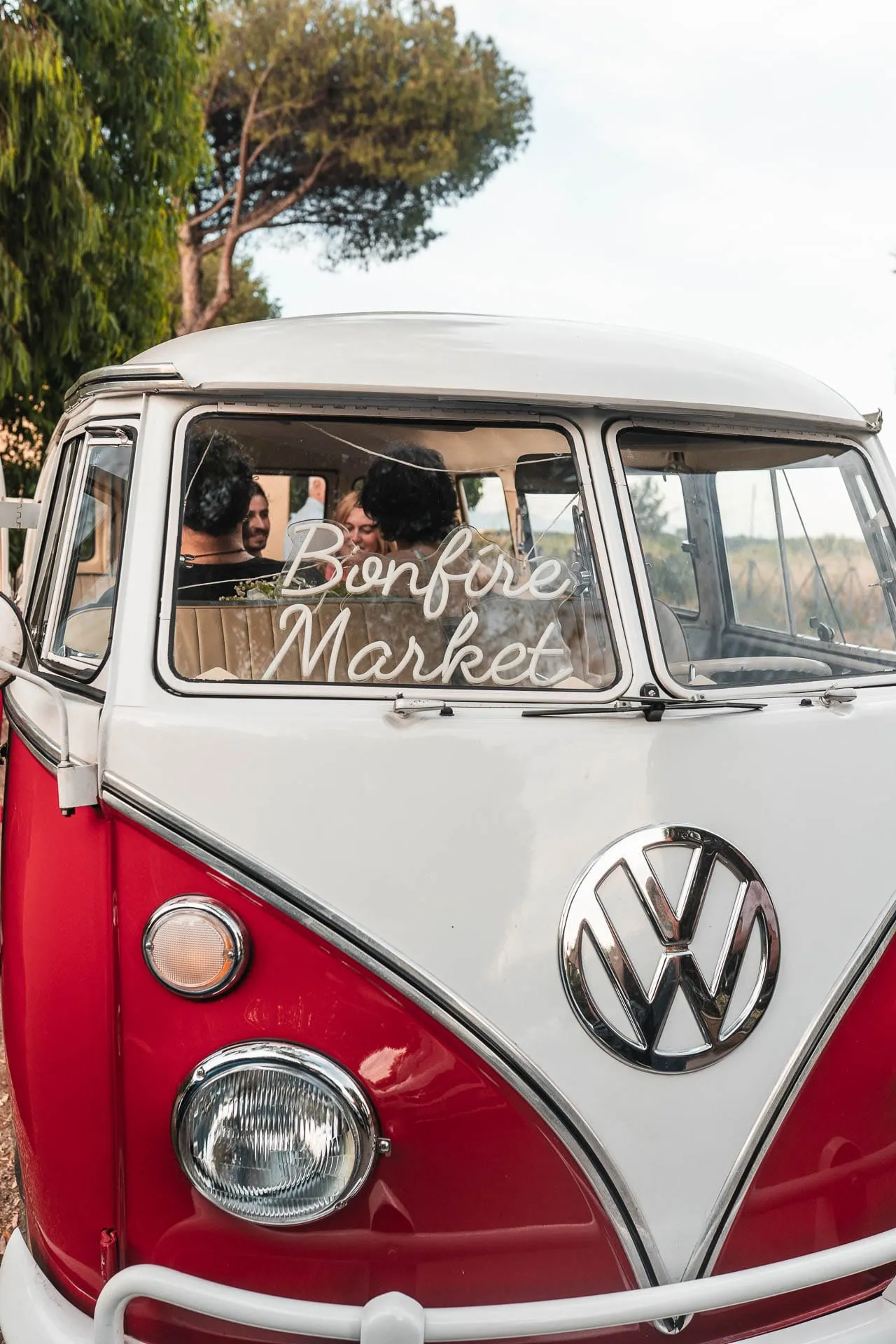 The vintage Volkswagen van with "Bonfire Market" on the windscreen