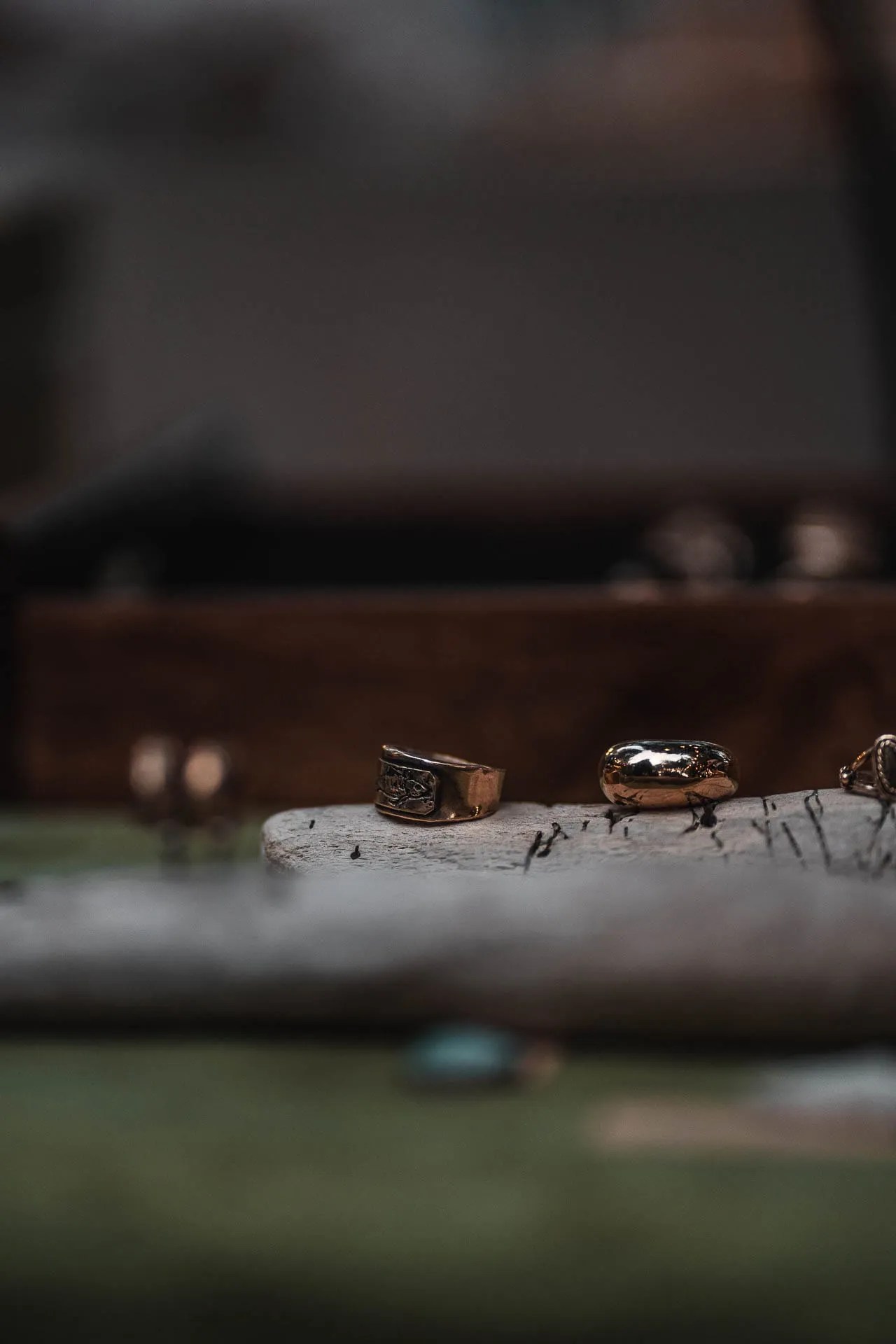 Close-up of rings on a stall, with a blurred background