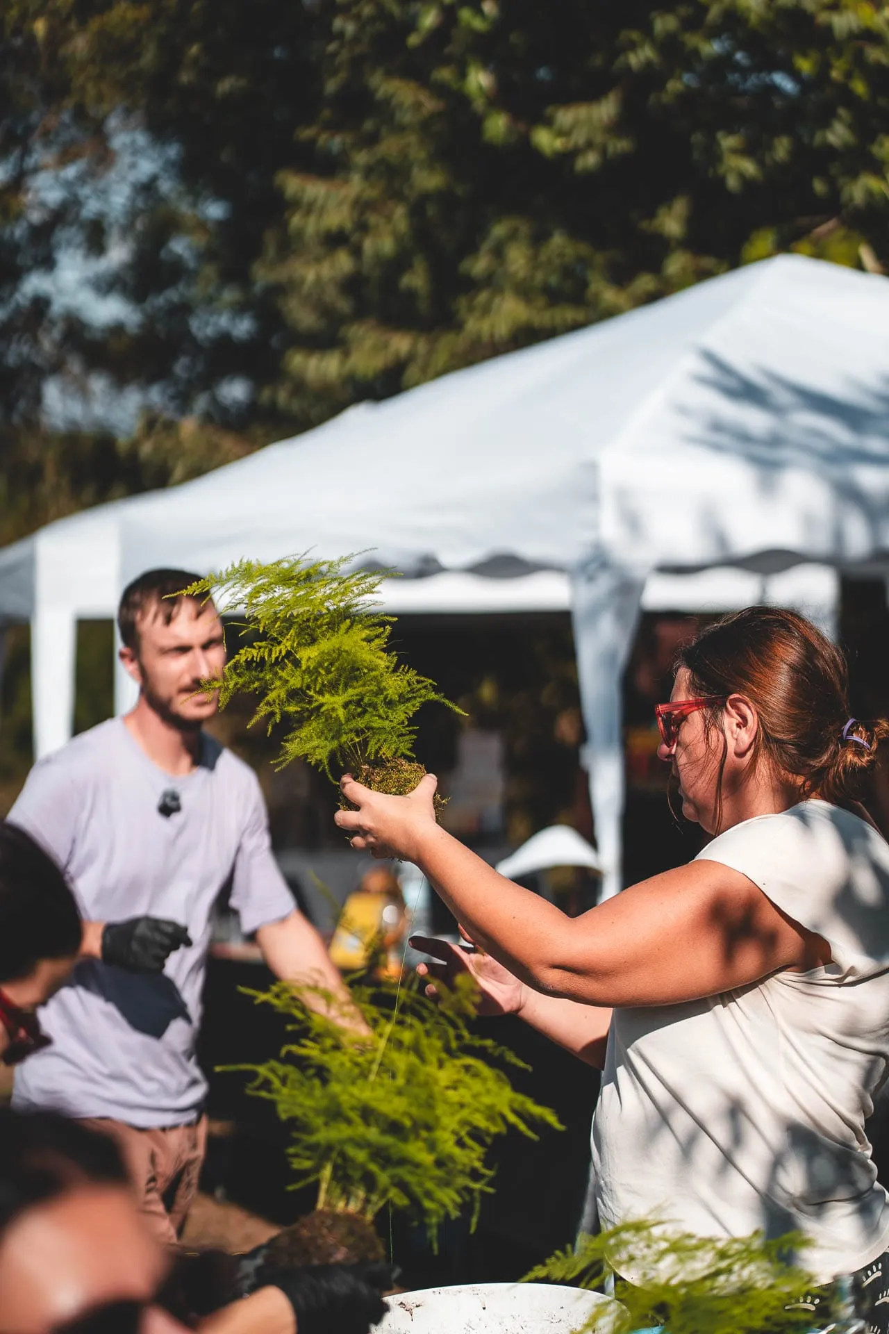Partecipanti al laboratorio di kokedama sotto il gazebo